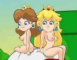 2girls breasts brown_hair crown edit flashgitz human kratos mario_(series) mario_kart multiple_girls nintendo nude princess_daisy princess_peach racist_mario sharkbeast127 yellow_hair