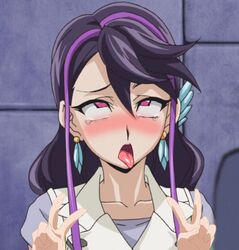 1girls ahe_gao blush bukakedraw double_v edit female kurosaki_ruri long_hair lulu_obsidian open_mouth pink_eyes purple_hair rolling_eyes screenshot screenshot_edit tears tongue_out v yu-gi-oh!