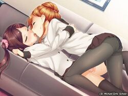 2girls aida_takanobu blonde_hair breasts clothing female_only kissing multiple_girls tshirt yuri