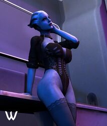 1girls 3d 3d_(artwork) alien asari ass big_breasts blue_eyes blue_skin bolero breasts bubble_butt busty choker cleavage erect_nipples eyelashes eyeliner female female_focus female_only hourglass_figure huge_breasts jacket large_breasts liara_t'soni lingerie makeup mascara mass_effect nipple_bulge pinup pose posing scales sleeves_rolled_up solo standing stockings thick_thighs wide_hips wildynsfw