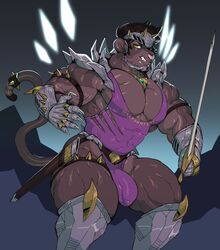 anthro armor bara bulge clothing ear_piercing facial_piercing felid feline gloves handwear leotard lip_piercing looking_at_viewer male male_only mammal melee_weapon muscular muscular_male pan_(sxfpantera) piercing solo sword sxfpantera thick_thighs weapon