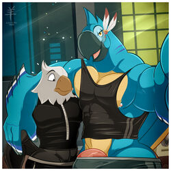 1:1 2020 2boys aaron_(artist) abs accipitrid accipitriform animal_crossing apollo_(animal_crossing) arm_around_neck ass avian bara big_arms big_muscles big_pecs bird black_body black_feathers blue_body blue_feathers border bottomwear breath_of_the_wild bulge clothing dick_root duo eagle feathers gay genitals hi_res kass_(zelda) looking_at_viewer looking_down male male_nipples male_only midriff muscular_male nintendo nipple_piercing open_mouth pecs penis piercing rito sagging_pants selfie shirt shorts signature size_difference smile surprise tank_top the_legend_of_zelda tight_clothing tongue topwear vein veiny_penis video_games white_body white_border white_feathers wide_hips yellow_eyes zipper