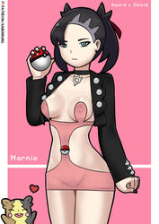 1girls bare_legs black_hair blue_eyes breasts choker cleavage collar erect_nipples eyelashes eyeliner female female_focus female_only hair_over_one_eye half-closed_eyes hourglass_figure human human_only jacket larger_female long_hair looking_at_viewer marnie_(pokemon) morpeko nail_polish nintendo nipple_bulge pale-skinned_female pale_skin patreon pendant pinup poke_ball pokemon pokemon_ss pose posing saberrung skimpy skimpy_clothes skimpy_dress small_breasts standing text thick_thighs tied_hair watermark wide_hips