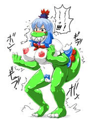 2019 animal_humanoid blue_hair breasts dragon dragon_humanoid female genitals hair hi_res humanoid japanese_text keine_kamishirasawa nipples pussy simple_background solo standing sukedai sukedai_haniwa text touhou transformation translation_request video_games white_background