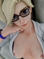 3d blender blizzard_entertainment blonde_hair breasts breasts_out doctor dr._ziegler glasses hands_on_cheeks labcoat looking_at_viewer mchsuga7 mercy mole_on_breast nipples overwatch selfie smirk square_glasses symmetrical_moles topless