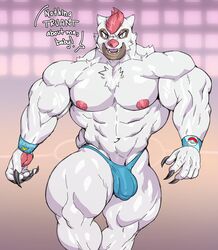 1boy abs anthro anthrofied armpits bara big_muscles bulge claws clothed clothing dialogue eye_contact furry half-closed_eyes hi_res huge_muscles hyper hyper_muscles looking_at_viewer male male_only muscular muscular_male navel nintendo nude original_character partial_nudity pokémon_(species) pokemon pokemon_rse smile solo speedo swimwear sxfpantera teeth text thick_thighs topless video_games vigoroth watermark wide_hips