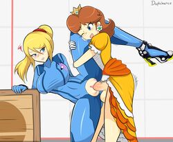 alternate_breast_size big_breasts boobs clothing crossover dickgirl dress duplichance earrings futa_on_female futa_with_female futanari hairless_pussy heels holding_object huge_breasts large_breasts mario_(series) metroid nintendo princess_daisy samus_aran sex small_breasts super_smash_bros. super_smash_bros._ultimate vaginal_penetration zero_suit_samus