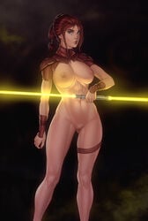 abs action_pose areolae athletic bastila_shan big_breasts bioware blue_eyes bracelet breasts brown_hair busty casual_nudity female female_focus female_only fingerless_gloves freli hourglass_figure huge_breasts jedi knights_of_the_old_republic large_breasts lightsaber long_hair lucasfilm muscles muscular muscular_female navel nipples pinup pose posing pussy shaved_pussy shoulder_pads solo standing star_wars tied_hair toned toned_female vagina wide_hips