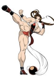 ahugan_sugita bare_shoulders breasts brown_eyes busty cleavage edit extreme_muscles fatal_fury female king_of_fighters large_breasts legs long_hair mai_shiranui muscles muscular muscular_female ponytail pose snk solo thick_thighs third-party_edit thong