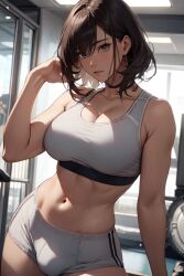 1futa ai_generated ball_bulge balls balls_under_clothes bare_midriff blue_eyes breasts brown_hair bulge bulge_through_clothing fit fit_futanari flaccid futa_only futanari gray_clothing gym indoors looking_at_viewer navel original original_character partially_clothed penis penis_bulge penis_under_clothes pixai solo solo_futa sports_bra sports_shorts sportswear