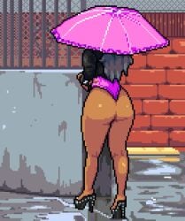 1girls back back_view baldur_89 big_ass black_hair corset dark-skinned_female dark_skin high_heels pink_clothing pixel_art platform_heels prostitute prostitution revealing_clothes solo solo_female thick_ass thick_thighs thighs umbrella walking