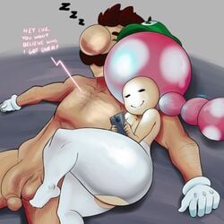 1boy 1girls ass closed_eyes clothing cuddling english_text female_only flaccid luigi lying lyn_nyl mammal mario_(series) nintendo nude on_back penis phone ripped_clothing ripped_pants simple_background sleeping smile testicles text texting toadette topless