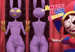 1boy 1boy1girl 1girls anthro ass balls big_ass big_butt brown_hair bunny_ears butt completely_naked_male double_peace_sign fat_ass fat_butt female femboy front_and_back fully_clothed glitch_productions gloves huge_ass huge_butt jax_(the_amazing_digital_circus) jester male male_focus naked nipples penis pomni pomni_(the_amazing_digital_circus) presenting purple_skin rabbit standing the_amazing_digital_circus thick_ass thick_butt thighs v_sign white_skin yellow_eyes zipsha