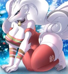 anthro ass big_ass big_breasts biped blush breast_grab breasts christmas clothed clothing dragon eyelashes female female_dragon female_only female_pokemon fur generation_5_pokemon hi_res holidays legendary_pokemon legwear long_legs looking_at_viewer nintendo pokemon pokemon_(species) pupils reshiram sk3tchk4t smile solo solo_female solo_focus thick_thighs thigh_highs thighhighs thighs white_body white_skin