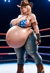 ai_generated american_flag_bikini blonde_hair cowboy_hat jeans large_breasts pregnant tina_armstrong