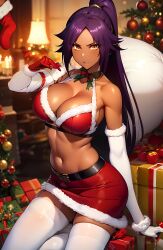 ai_generated athletic_female bangs bleach breasts christmas christmas_outfit cleavage dark_skin female fit_female gloves golden_eyes hat long_hair merry_christmas midriff navel ponytail presents purple_hair sack santa santa_costume santa_hat shihouin_yoruichi skirt slender_waist solo stable_diffusion thighhighs unstable_diffusion