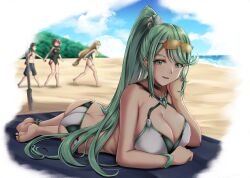 1boy 3girls absurdly_long_hair ass beach bikini blonde_hair breasts butt_crack chest_jewel cleavage cloud competition_swimsuit core_crystal diehong earrings eyewear_on_head gem green_eyes green_hair hair_ornament headpiece highres jewelry large_breasts long_hair looking_at_viewer lying matching_hair/eyes mountain multiple_girls multiple_persona mythra_(radiant_beach)_(xenoblade) mythra_(xenoblade) ocean on_stomach one-piece_swimsuit open_mouth plant pneuma_(xenoblade) ponytail pyra_(pro_swimmer)_(xenoblade) pyra_(xenoblade) red_eyes red_hair rex_(xenoblade) short_hair smile solo_focus sunglasses sunglasses_on_head swept_bangs swimsuit the_pose tiara towel triple_persona umbrella very_long_hair walking water waves xenoblade_chronicles_(series) xenoblade_chronicles_2 yellow_eyes