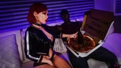 1boy 1girls 3d anasulewds commander_shepard dark-skinned_male erect_penis femshep green_eyes hoop_earrings imminent_sex interracial licking_lips mass_effect mass_effect_3 pizza queen_of_spades red_hair red_lipstick