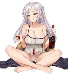 1girls alcohol bad_censor blush bottle bottomless camisole cleavage covering drinking ei1han female female_only fire_emblem fire_emblem_awakening glass huge_breasts large_breasts legs_crossed licking_lips light-skinned_female light_skin long_hair nintendo no_bra no_panties robin_(fire_emblem) robin_(fire_emblem)_(female) smile solo solo_female strap_slip white_hair