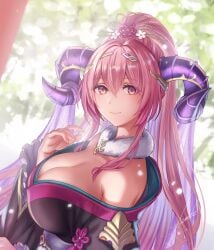 1girls alternate_costume anbe_yoshirou bare_shoulders blush breasts cleavage curled_horns female female_only fire_emblem fire_emblem_heroes frilled_sleeves frills fur_trim goat_horns hair_ornament highres horns huge_breasts japanese_clothes kimono long_hair looking_at_viewer multicolored_hair nerthuz_(fire_emblem) nerthuz_(new_year)_(fire_emblem) new_year official_alternate_costume pink_hair ponytail purple_eyes solo two-tone_hair very_long_hair