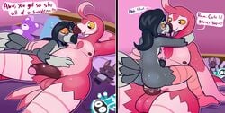 <3_eyes 2020 absurd_res anthro anthro_on_anthro anthro_penetrated anthro_penetrating anthro_penetrating_anthro avian beak bed big_dom_small_sub big_penis bird black_beak black_body black_eyes black_feathers black_hair brown_nipples chest_tuft columbid comic cuddling daryl_nimble doll duo erection eye_contact feathers felino flamingo furniture genitals grey_beak grey_body grey_feathers hair hand_on_back hand_on_stomach heart hi_res humanoid_penis inside interspecies larger_male looking_at_another looking_down male male/male male_penetrated male_penetrating male_penetrating_male mastery_position nipples on_bed open_mouth orange_sclera penetration penis phoebe_(felino) pietro_(felino) pigeon pillow pink_balls pink_beak pink_body pink_feathers pink_hair pink_penis ponytail quincy_flamingo sex size_difference slightly_chubby smaller_male straddling talons teddy_bear tongue tongue_out tuft