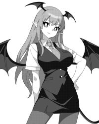 arm_behind_back bat_wings breasts bright_pupils collared_shirt commentary contrapposto cowboy_shot demon_tail female greyscale head_wings highres koakuma large_breasts long_hair looking_at_viewer monochrome necktie onkn_sxkn pantyhose pencil_skirt pointy_ears shirt short_sleeves sidelocks simple_background skirt smile solo tail touhou vest white_background white_pupils wings