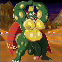 ass balls belly big_balls big_butt big_penis donkey_kong_(series) furry genitals glistening glistening_belly hi_res huge_cock k_rool male musclegut muscular nintendo no penis possbooty solo stretching_arms toony vhs_filter