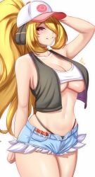 anisdrawn arm_up bandeau bare_arms bare_shoulders baseball_cap black_panties black_vest blonde_hair commentary cosplay cowboy_shot creatures_(company) crop_top cutoffs cynthia_(pokemon) denim denim_shorts female game_freak grey_eyes hat highleg highleg_panties highres hilda_(pokemon) hilda_(pokemon)_(cosplay) long_hair looking_at_viewer midriff navel nintendo panties panties_visible poke_ball pokemon pokemon_bw pokemon_dppt ponytail short_shorts shorts simple_background skindentation smile solo standing stomach thighs underwear very_long_hair vest white_background