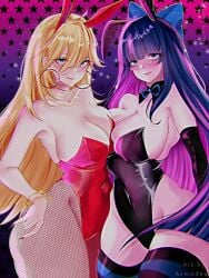 2023 2girls aqua_eyes asmodea_(artist) blonde_hair blue_hair blush bunny_ears bunny_ears_(cosmetic) bunnysuit detached_collar earrings female female_only fishnet_pantyhose fishnets hair_ribbon leotard long_hair looking_at_viewer neck_ribbon panty_&_stocking_with_garterbelt panty_anarchy pink_hair smiling smiling_at_viewer stocking_anarchy striped_thighhighs thick_thighs thighhighs two_tone_hair