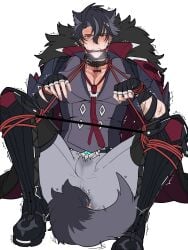 1boy anal_plug bondage bulge bulge_through_clothing buttplug buttplug_in_ass buttplug_tail clothed collar gay genshin_impact juju_eateatuwu legs_apart male male_focus plug_tail rope_bondage solo_male tail tail_plug wriothesley_(genshin_impact) yaoi