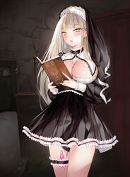 1girls aimee_(emi) bangs bed black_panties blonde_hair blush book breasts cleavage dress eyebrows_visible_through_hair female long_hair looking_at_viewer nun open_book open_mouth original panties pussy_juice revision solo underwear vibrator_under_clothes yellow_eyes