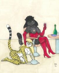 2003 2girls alcohol anthro beverage boots breasts cheetah corset dog_bowl dominant_female dominatrix drink felid feline female female/female female_focus female_only femdom furry gloves ironbadger neckwear nipples slave slavegirl submissive_female table wine yuri