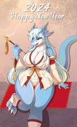 2024 absurd_res anthro ass big_ass big_breasts breasts clothed clothing dragon female female_only hi_res looking_at_viewer open_mouth panties pupils smile solo solo_female solo_focus son2j thick_thighs thighs underwear white_body white_skin