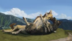 anthro anus belly black_pawpads blue_eyes brown_eyes canid canine canis cloud countershading detailed_background domestic_dog embrace female feral fokin_woof french_kissing fur german_shepherd grass grey_body grey_fur herding_dog hi_res hug kissing landscape lying male male/female mammal mountain multicolored_body multicolored_fur on_back on_side pastoral_dog pawpads plant sky tail tan_body tan_fur two_tone_body two_tone_fur white_belly