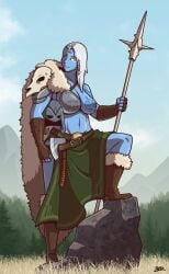 axe blazbaros blue_nipples blue_skin forest_background fur_coat helmet helmet_removed one_breast_out spear white_hair