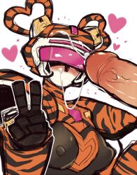 android blush breasts cinnabarbie cum_on_face cumshot fei-yen female_focus gynoid hearts_around_head nipple_bulge penis robot robot_girl tiger_print v_sign