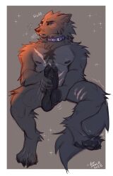 2023 absurd_res anthro balls black_balls black_nipples black_pawpads black_penis blue_collar blue_eyes bodily_fluids canid cheek_tuft chest_tuft collar dated erection facial_tuft famir_(artist) front_view fur genitals grey_body grey_fur head_tuft hi_res humanoid_genitalia humanoid_penis leg_tuft male mammal masturbation motion_lines nipples nude pawpads penile penile_masturbation penis shoulder_tuft signature sitting solo sweat sweaty_face tuft