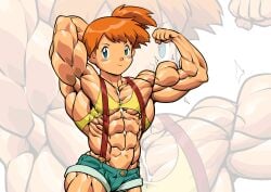 1girls abs alternate_outfit biceps bodybuilder bottomwear denim denim_bottomwear denim_clothing denim_shorts extreme_muscles feet female female_only flat_chest flexing flexing_bicep green_eyes human human_only hyper hyper_muscles kasumi_(pokemon) muscular muscular_arms muscular_female muscular_thighs nintendo orange_hair pecs pokemon pokkuti ponytail red_hair shorts size_difference solo tank_top thick_thighs top