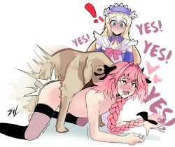 accessory anal anthro astolfo_(fate) bare_chest being_watched blonde_hair blue_eyes blush braided_hair brown_body canid canine chevalier_d'eon_(fate) clothing doggy_style dress esgarot_iv fate_(series) female femboy feral feral_on_femboy feral_on_human feral_penetrating_male from_behind_position group hair hair_accessory happy happy_sex hi_res human humanoid interspecies legwear looking_at_another looking_pleasured male male/male male_on_feral male_penetrated male_penetrating mammal pale_skin penetration pink_eyes pink_hair sex simple_background stockings text trap trio type-moon white_background zoophilia