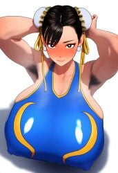 ai_generated alternate_breast_size armpit_fetish armpit_hair armpits arms_above_head arms_up big_breasts blush breasts chun-li female_armpit_hair from_above gigantic_breasts gloopai hairy_armpits huge_breasts looking_at_viewer nai_diffusion nipple_bulge nipples_visible_through_clothing shiny_clothes steam steaming_body street_fighter sweat sweatdrop sweating