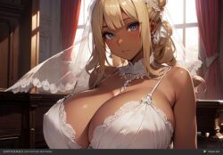 ai_generated armpits artist_name blonde_hair bra breasts bridal_veil bride cleavage dark_skin ear_piercing earrings female huge_breasts jewelry lace lace-trimmed_bra lace-trimmed_veil lace_trim light_blush looking_at_viewer looking_to_the_side michiyomi_mayome moonbeam_(pixai) open_mouth original parted_lips piercing pixai_(model) purple_eyes self-upload shadow shiny shiny_skin sleeveless solo stable_diffusion underwear veil wedding_dress white_bra