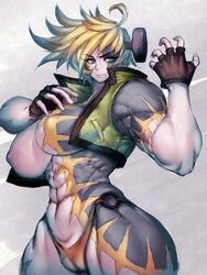 1girls abs arms_up bare_breasts biceps blonde_hair blue_eyes breasts brown_gloves cameltoe capcom clothed clothed_female clothing covered_pussy curvy darkstalkers eyelashes female fingerless_gloves frown fumio_(rsqkr) genderswap_(mtf) gloves gradient grey_skin highres huge_ass huge_breasts large_breasts long_eyelashes midnight_bliss midriff monster_girl muscles muscular muscular_female nipples rule_63 scar scared serious solo solo_female solo_focus thick_thighs thighs vampire_(game) vampire_savior vest victor_von_gerdenheim white_skin wide_hips