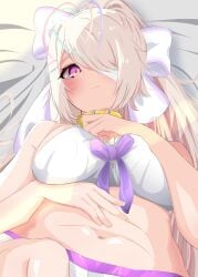 1girls aki_hikky bed_sheet belly_button blonde_hair blush bra breasts cleavage collar female female_only hair_over_one_eye huge_breasts indie_virtual_youtuber kulaku_lie light-skinned_female light_skin lingerie looking_at_viewer on_bed one_eye_obstructed panties pink_eye ponytail red_eye solo underwear virtual_youtuber white_bed_sheet white_bra white_panties