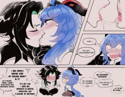 black_hair blue_hair blush chained comic english_text ganyu_(genshin_impact) genshin_impact goat_horns kissing lips saliva saliva_trail text thiccwithaq wholesome xiao_(genshin_impact)