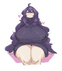 1girls ahoge alternate_body_type alternate_breast_size bangs blush blush_lines blushing breasts breasts_bigger_than_head dress female fluffy_hair hair_between_eyes heart hearts hex_maniac huge_breasts huge_thighs large_breasts leebongchun long_hair messy_hair nipple_bulge nipples nipples_visible_through_clothing plump plump_thighs pokemon purple_dress purple_eyes purple_hair shaggy_hair sitting solo sweater sweater_dress thick thick_thighs thighs thighs_together turtleneck turtleneck_sweater wide_hips