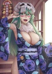 1girls :d armpits black_kimono bleach breasts character_doll cleavage commentary cowboy_shot detached_sleeves eyelashes eyes_visible_through_hair female fingernails floral_print fur-trimmed_kimono fur_trim green_eyes green_hair hair_between_eyes hair_over_shoulder hand_up happy_new_year highres hip_vent huge_breasts ichigo_kurosaki indoors japanese_clothes kimono long_hair long_sleeves looking_at_viewer nelliel_tu_odelschwanck new_year no_bra open_mouth sakuya_(liao_kj) scar scar_on_face skull skull_on_head sleeveless sleeveless_kimono smile solo standing teeth upper_teeth_only very_long_hair wide_sleeves yukata