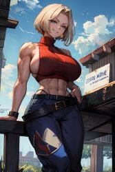 1girls abs ai_generated belt big_breasts blonde_hair blue_eyes blue_mary breasts busty_buff from_below grin jeans king_of_fighters large_breasts looking_at_viewer looking_down muscular_female outdoors outside short_hair sideboob sky sleeveless_turtleneck smug_grin snk stable_diffusion tampopo toned_female turtleneck whale_tail