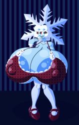 areola_slip big_breasts blue_nipples blue_skin blush bra bracelet cel_shading elemental_humanoid female glasses heels huge_areolae huge_breasts huge_nipples hyper hyper_breasts ice_elemental light_blue_skin lingerie necklace nipple_bulge nipples_visible_through_clothing red_bra simple_background snowflake snowman solo sprucy stockings white_hair