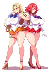 2girls bimbo bimbo_body bishoujo_senshi_sailor_moon blonde_hair breasts clothing cosplay female gold_eyes high_heels highres hips huge_breasts konno_tohiro large_breasts light-skinned_female microskirt miniskirt multiple_girls mythra naughty_face nintendo pyra red_eyes red_hair sailor_mars_(cosplay) sailor_venus_(cosplay) short_hair skirt thick_thighs thighs wide_hips xenoblade_(series) xenoblade_chronicles_2