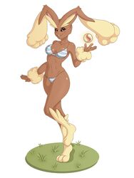 animal_ears anthro bikini black_sclera brown_eyes brown_fur cactuskiss eyes_open fur furry furry_ears leporid lopunny navel pokemon pokemon_(species) rabbit striped_bikini